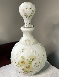 Vintage Embossed Hand Painted Milk Glass Barber Cologne Perfume Bottle + Stopper - Picture 1 of 11
