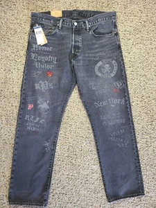 POLO RALPH LAUREN Mens 35x32 Black Gray Graphic Embroidered Classic Fit Jeans - Picture 1 of 14