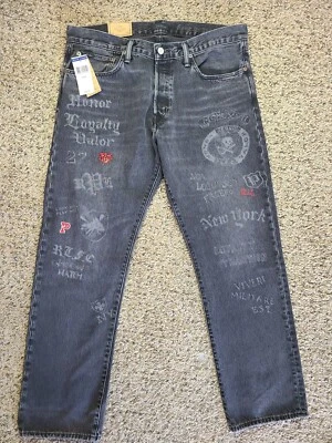 POLO RALPH LAUREN Mens 35x32 Black Gray Graphic Embroidered Classic Fit Jeans - Image 1 of 4