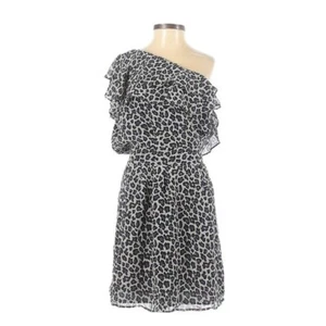 Nieves Lavi One Shoulder Gray Leopard Print Ruffled Silk Mini Dress Size 4 - Picture 1 of 7