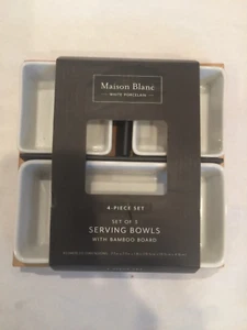 MAISON BLANC WHITE 4 piece Set Serving Bowls With Bamboo Board appetizer tray - Picture 1 of 3