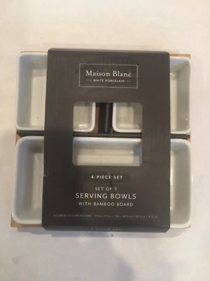 MAISON BLANC WHITE 4 piece Set Serving Bowls With Bamboo Board appetizer tray - Image 1 of 3