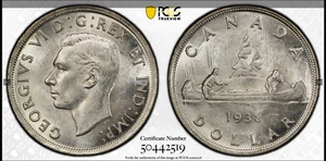 :1938 $1 SILVER DOLLAR GEORGE VI CANADA PCGS MS61 BLAST WHITE RARITY R3 LOW POP - Picture 1 of 4