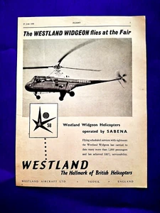 SABENA Belgian World Airlines Anzeige 1958 Westland Helicopter Passenger Service +Karte - Bild 1 von 1