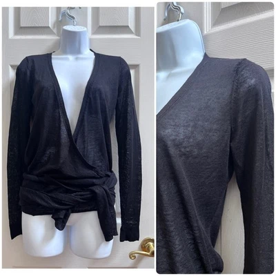 Elie Tahari Black Silk Linen Blend Semi Sheer Knit Long Sleeve Wrap Top Medium  - Image 1 of 4