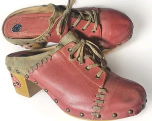 Funky CrazycatZ Dark Pink Leather Lace Up Boho Patchwork Clogs Shoes 41 10 70s - Picture 1 of 9