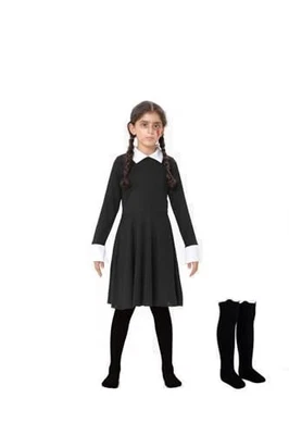HALLOWEEN GIRLS BLACK DRESS BLACK LONG SLEEVE COLLAR COSTUME WITH HIGH STOCKING - Image 1 of 2