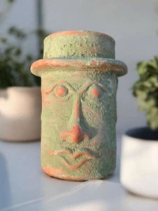Vintage anthropomorphe Terrakotta Kunstkeramik Übertopf Pflanztopf Gesicht Vase - Bild 1 von 16