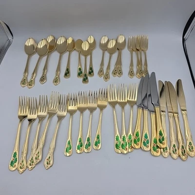 Christmas Holly Berry Flatware Gold Tone Plated Stainless Korea Japan Lot Of 36 - Image 1 of 4