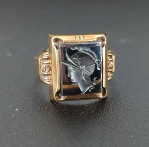 Vintage 1940er Otsby Barton 10k Gold Hämatit Intaglio römischer Soldat Ring Größe 8,5 - Bild 1 von 15