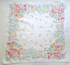 VINTAGE HANKIE HANKY 1950s FLORAL PRINT PASTEL PINKS & BLUES HAND ROLL & HEMMED - Picture 1 of 4