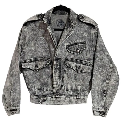 Vintage Levis Jean Jacket Acid Wash Black Denim Size L 1980s Epaulets Cropped - Image 1 of 4