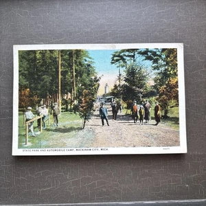 CAMPING POSTCARD State Park and Automobile Camp w/ lighthouse Mackinaw City MI - Picture 1 of 4