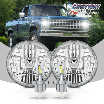 Fits Chevy C10 K10 K20 75-1980 Pair 7" Round LED Headlights Hi/Low Beam - Image 1 of 4