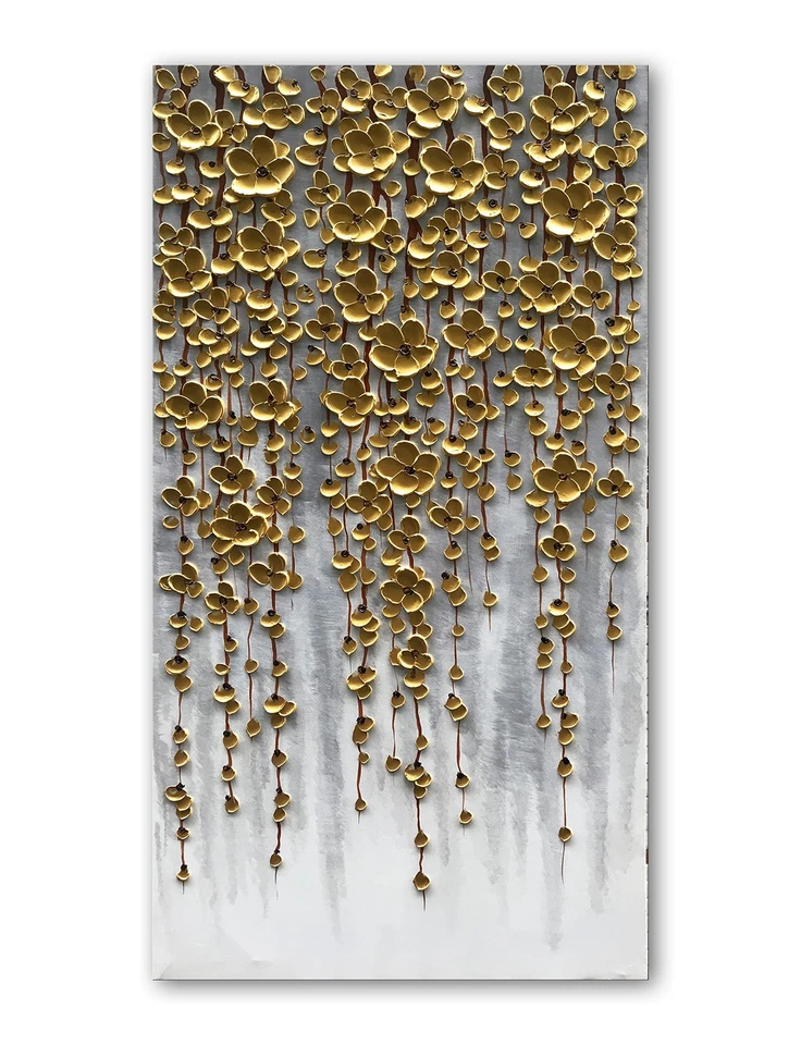 Arte de pared de pintura al óleo abstracta vertical en lienzo 3D, 116x57 cm flor dorada Pai... Foto 1 de 4