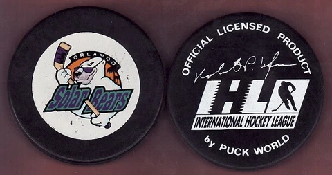 GAME PUCK - ORLANDO SOLAR BEARS IHL small Logo UFER back #p4b - LAST1 Cover