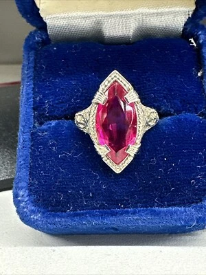 Filigree Art Deco 14kt White Gold- Ruby Red Color Marquise Cohen & Platzer - Image 1 of 4