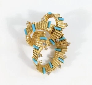 Spilla Spilla Turchese Firmata Oro Tonomaz Nastro Ruffle Finta Turchese Vintage Mazer - Foto 1 di 15