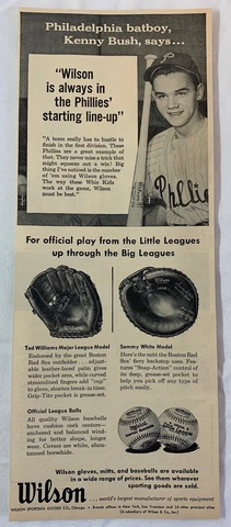 1955 Wilson baseball gloves ad ~ PHILADELPHIA PHILLIES BATBOY KENNY BUSH Cover