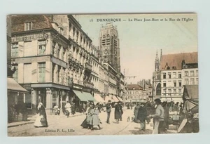 POSTCARD Dunkerque. Street view market, colourized La Place Jean-Bart 1908 - Picture 1 of 2
