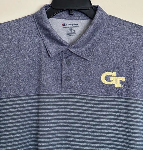 New Georgia Tech Polo Shirt Blue Gray Stripes Champion Embroidered Logo GT Cover