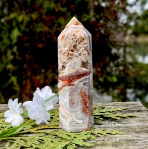 Natürlicher mexikanischer Crazy Lace Achat Turmspitze Sechseck Stab Obelisk Stein Mineral - Bild 1 von 5