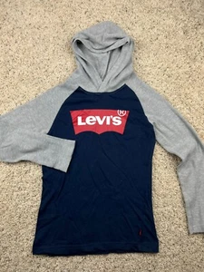 Levi’s Boys Hoodie SZ Medium Thermal Long Sleeve Blue Gray w Logo Pullover - Picture 1 of 7