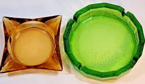 Lot 2 Vintage Ashtray Green & Brown Glass Thick Mid-Century Large Pair - Picture 1 of 17