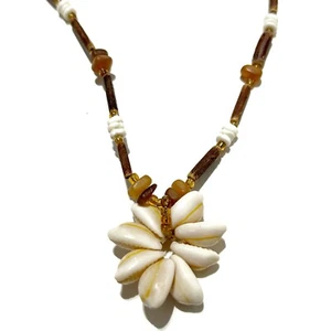 Hawaiian Cowrie Shell Flower Beaded Necklace Brown Creme Yellow Gold Beach Sea - Picture 1 of 7
