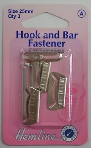 HEMLINE HOOK & BAR FASTENERS, 3 SETS, EXTRA LONG 25mm, NICKLE COLOUR - Picture 1 of 2