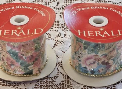 15ft Wired Ribbon Garland Herald Gold Edge Floral Print Lamonts Vintage - Image 1 of 4