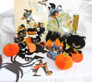 Vintage Halloween Die Cut Lot 9 Hallmark Honeycomb Witch Bat Spider flocked cat - Picture 1 of 8