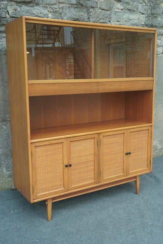 Mid Century Danish Modern Cherry Rattan Buffet China Hutch Cabinet Server Consol Cover