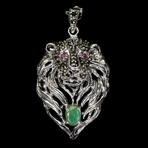 Ciondolo in argento sterling 925 ovale smeraldo rubino marcasite leone... - Foto 1 di 10