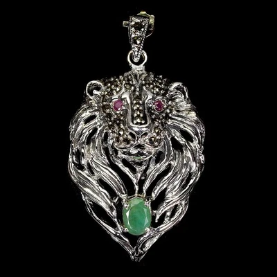 Ciondolo in argento sterling 925 ovale smeraldo rubino marcasite leone... - Immagine 1 di 4