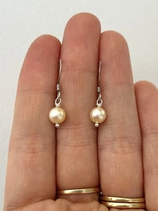 Vintage Cultured Pearl Sterling Silver Hook Wire Ivory Cream Drop Earrings - Picture 1 of 3