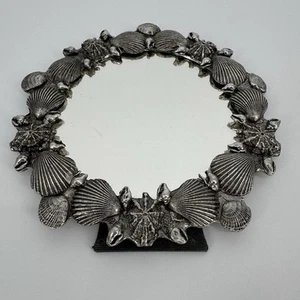 Metzke Pewter Mirror 70s Seashell Mantle With Stand Round Beach Ocean Decor - Picture 1 of 9
