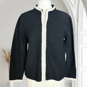 Talbots Pullover Strickjacke Gr. M 100% Wolle Vintage Full Zip schwarz mit elfenbeinfarbenem Besatz - Bild 1 von 8