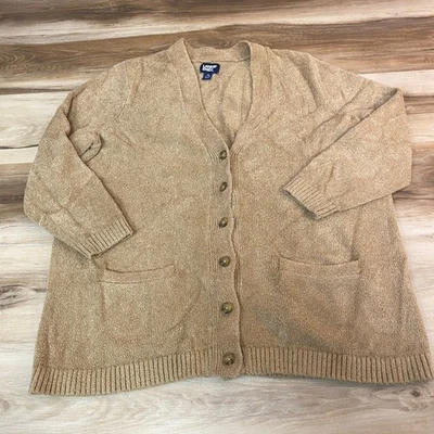 Lands End Womens Tan Chenille Knit Button Front Cardigan Sweater 1X 16W-18W - Image 1 of 4