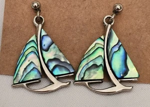 Beautiful *Blue Abalone Shell *Sail Boat Earrings - Picture 1 of 14
