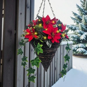 Bester künstlicher 30cm vorbeleuchteter roter Weihnachtsstern Weihnachten Efeu hängender Kegelkorb - Bild 1 von 1