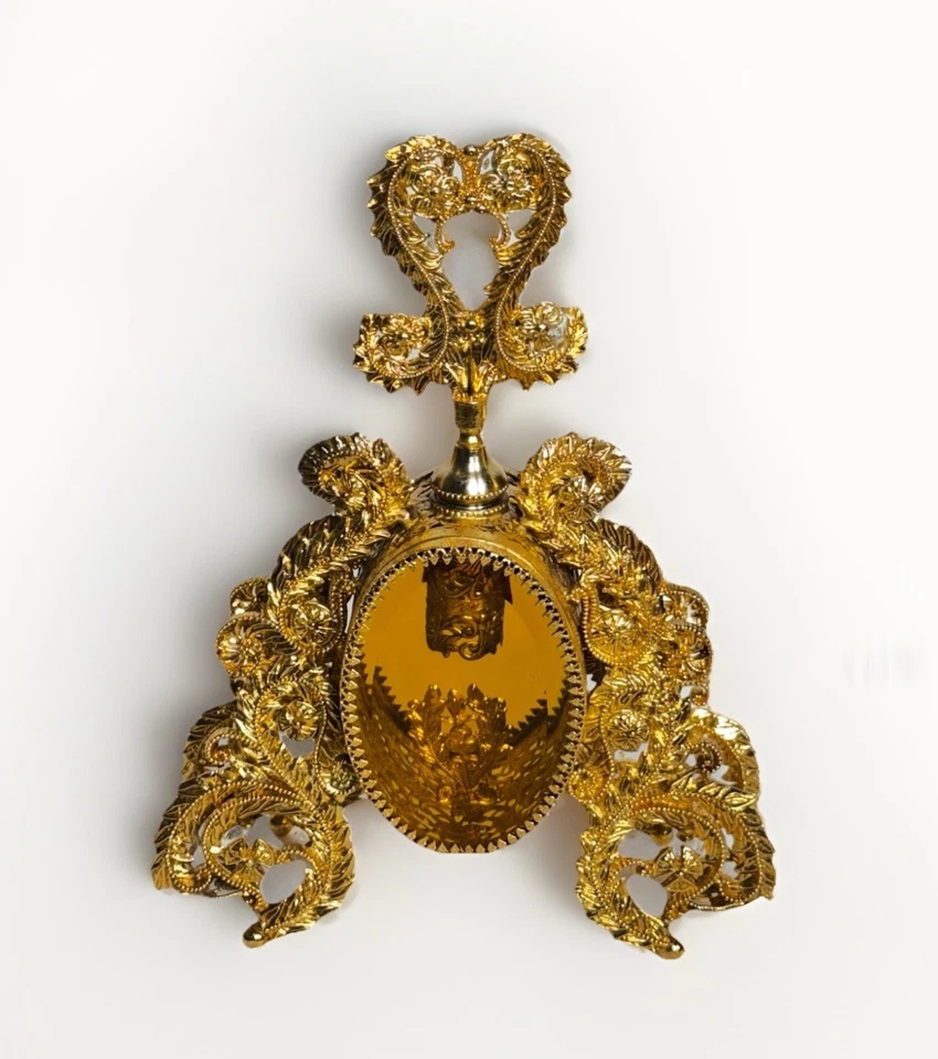 Botella de perfume vintage dorada Ormolu filigrana ámbar vidrio Hollywood Regency Foto 1 de 4