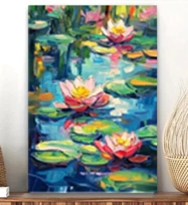 Art Canvas Many Lotus Flowers Canvas Painting  Impressionism 15 x 24 in - Picture 1 of 1