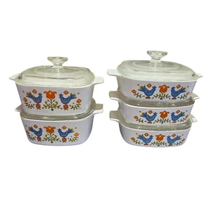 CorningWare Country Festival Blue Birds Set 5 SQUARE CASSEROLES + Lids storage - Picture 1 of 13