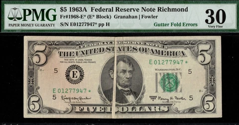 1963A $5.00 FRN STAR "GUTTER FOLD" P.M.G #30 Cover