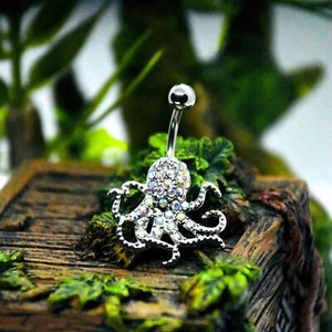 16G Surgical Steel Octopus Belly Bar Animal Lover Rhinestone Barbells Navel - Picture 1 of 3