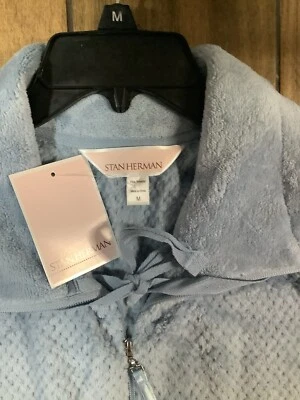 STAN HERMAN Women’s Size Medium Plush Long Zip Lounger Robe Midi Light Blue - Image 1 of 4