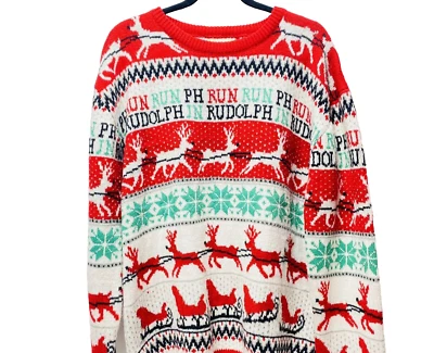 Ugly Christmas Sweater Knitted Mens Festive Top Long Sleeve Reindeer Oversized - Image 1 of 4