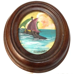 QUADRO QUADRETTO OVALE FOGLIA ORO DIPINTO A MANO PESCATORI PICTURE GOLD NUOVO - Picture 1 of 1