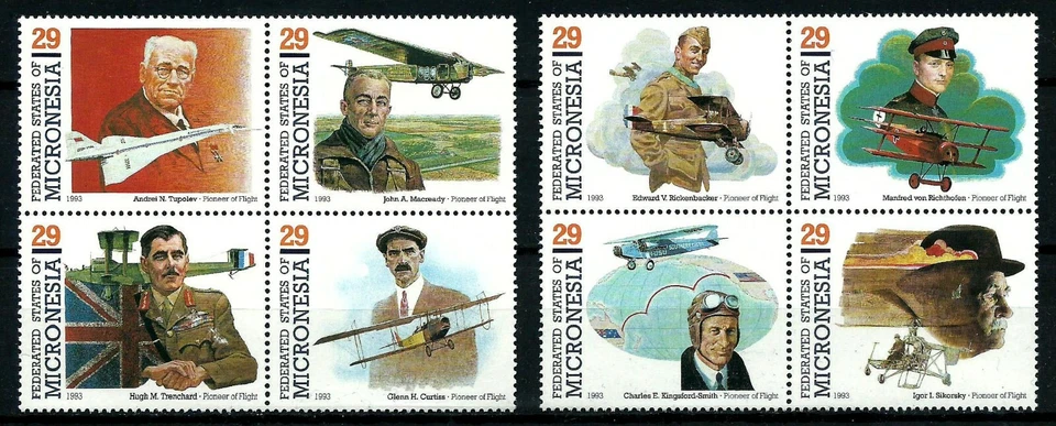 MICRONESIA, SCOTT # 155, SET OF 8 STAMPS PIONEERS OF FLIGHT YEAR 1993, MINT NH - Image 1 of 1